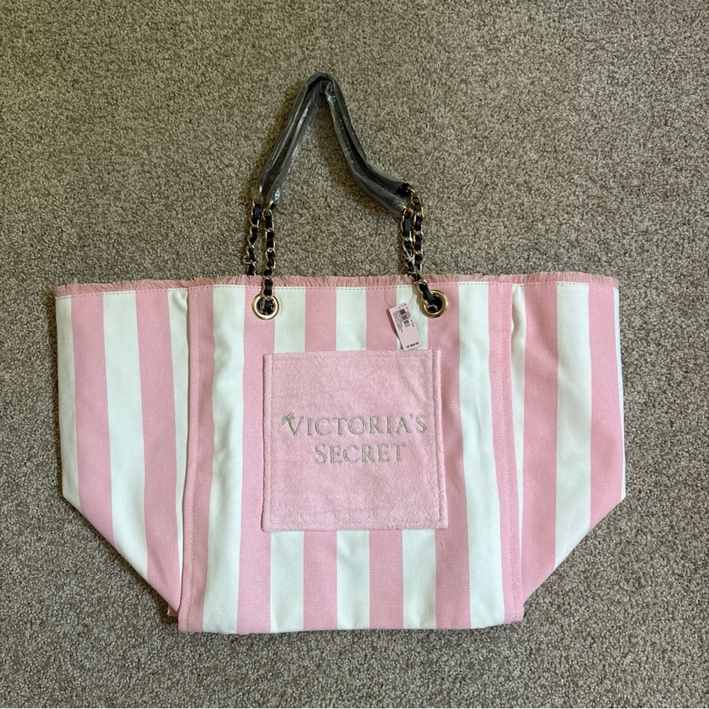 Victoria's Secret Pink and White Striped Tote Bag with Fringe